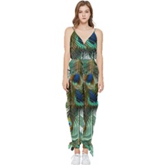 Peacock Feathers Feather Blue Green Sleeveless Tie Ankle Chiffon Jumpsuit by Cowasu