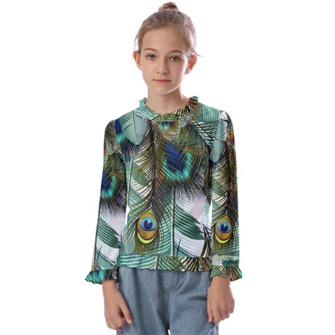 Peacock Feathers Feather Blue Green Kids  Frill Detail Tee by Cowasu