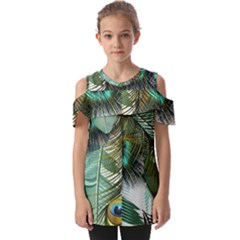 Peacock Feathers Feather Blue Green Fold Over Open Sleeve Top by Cowasu