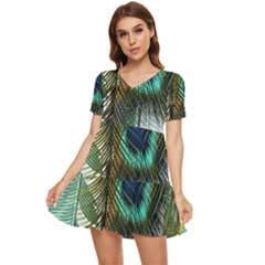 Peacock Feathers Feather Blue Green Tiered Short Sleeve Babydoll Dress by Cowasu