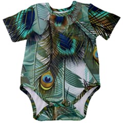 Peacock Feathers Feather Blue Green Baby Short Sleeve Bodysuit by Cowasu