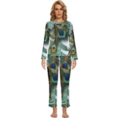 Peacock Feathers Feather Blue Green Womens  Long Sleeve Lightweight Pajamas Set by Cowasu