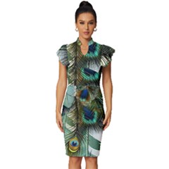 Peacock Feathers Feather Blue Green Vintage Frill Sleeve V-neck Bodycon Dress by Cowasu