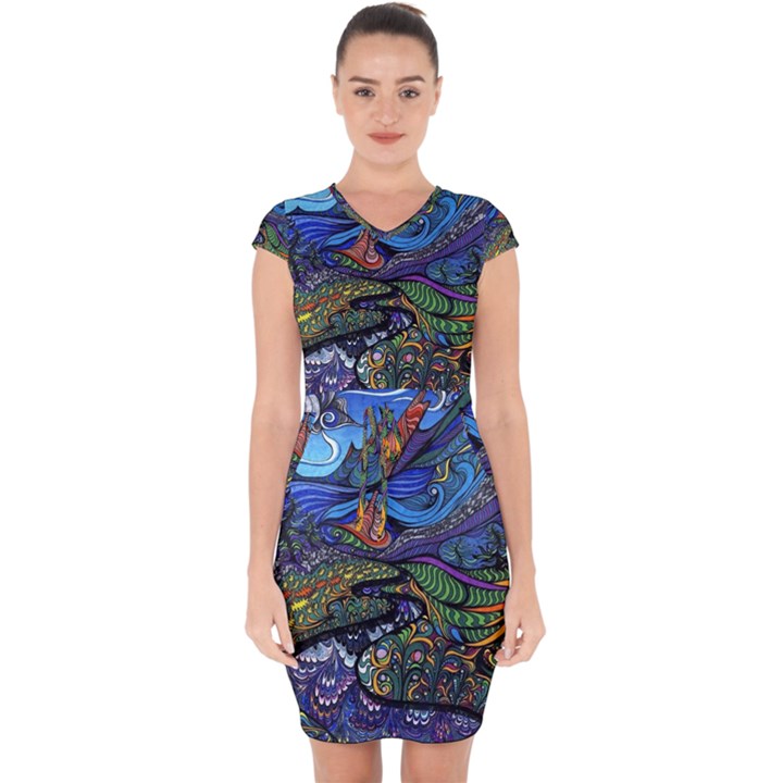 Psychedelic Landscape Capsleeve Drawstring Dress 