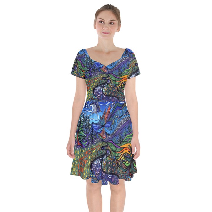 Psychedelic Landscape Short Sleeve Bardot Dress