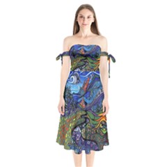 Psychedelic Landscape Shoulder Tie Bardot Midi Dress by Cowasu