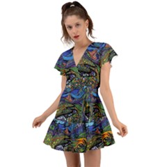 Psychedelic Landscape Flutter Sleeve Wrap Dress