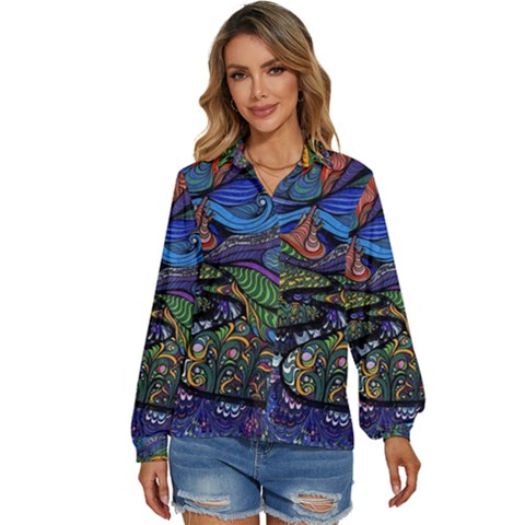 Psychedelic Landscape Women s Long Sleeve Button Up Shirt by Cowasu