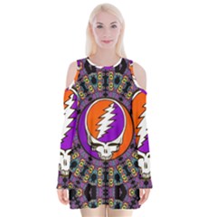 Gratefuldead Grateful Dead Pattern Velvet Long Sleeve Shoulder Cutout Dress by Cowasu