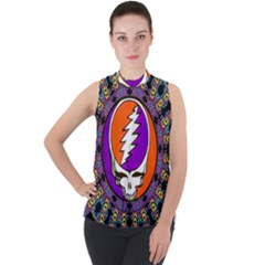 Gratefuldead Grateful Dead Pattern Mock Neck Chiffon Sleeveless Top by Cowasu