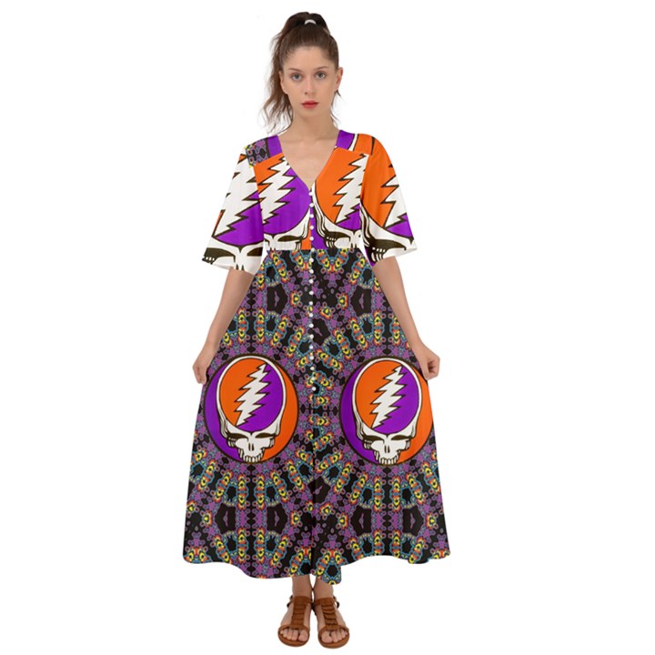 Gratefuldead Grateful Dead Pattern Kimono Sleeve Boho Dress