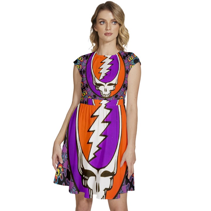 Gratefuldead Grateful Dead Pattern Cap Sleeve High Waist Dress