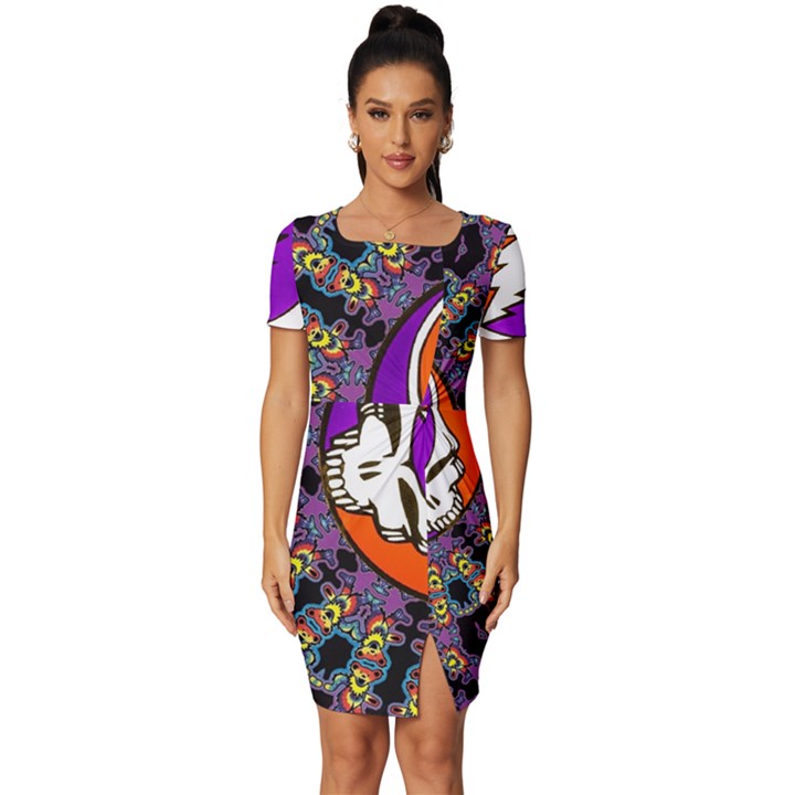 Gratefuldead Grateful Dead Pattern Fitted Knot Split End Bodycon Dress