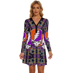 Gratefuldead Grateful Dead Pattern Long Sleeve Deep V Mini Dress  by Cowasu