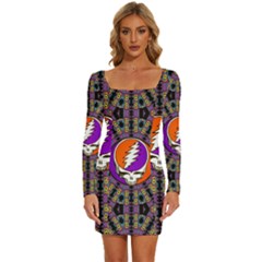 Gratefuldead Grateful Dead Pattern Long Sleeve Square Neck Bodycon Velvet Dress by Cowasu