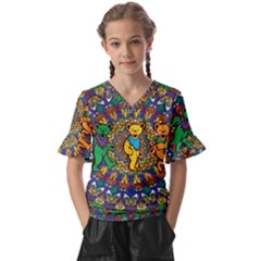 Grateful Dead Pattern Kids  V-neck Horn Sleeve Blouse by Cowasu