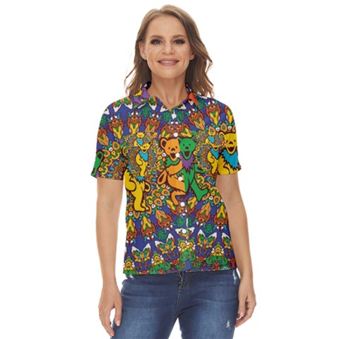 Grateful Dead Pattern Women s Short Sleeve Double Pocket Shirt by Cowasu