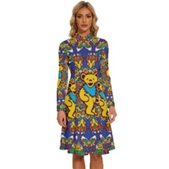 Grateful Dead Pattern Long Sleeve Shirt Collar A-line Dress by Cowasu