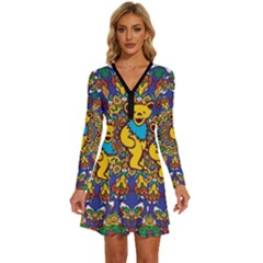 Grateful Dead Pattern Long Sleeve Deep V Mini Dress  by Cowasu