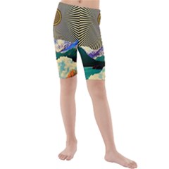 Surreal Art Psychadelic Mountain Kids  Mid Length Swim Shorts by Cowasu