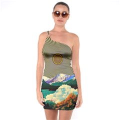 Surreal Art Psychadelic Mountain One Shoulder Ring Trim Bodycon Dress by Cowasu