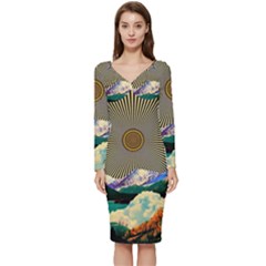 Surreal Art Psychadelic Mountain Long Sleeve V-neck Bodycon Dress  by Cowasu