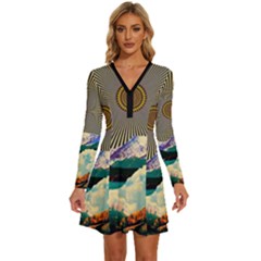 Surreal Art Psychadelic Mountain Long Sleeve Deep V Mini Dress  by Cowasu