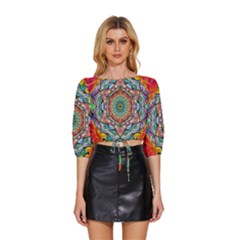 Mandalas Psychedelic Mid Sleeve Drawstring Hem Top by Cowasu