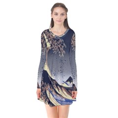 The Great Wave Off Kanagawa Japan Japanese Waves Long Sleeve V-neck Flare Dress by Cowasu