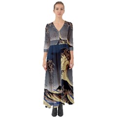 The Great Wave Off Kanagawa Japan Japanese Waves Button Up Boho Maxi Dress by Cowasu