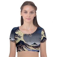 The Great Wave Off Kanagawa Japan Japanese Waves Velvet Short Sleeve Crop Top  by Cowasu