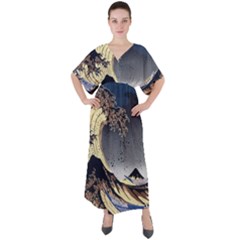 The Great Wave Off Kanagawa Japan Japanese Waves V-neck Boho Style Maxi Dress by Cowasu