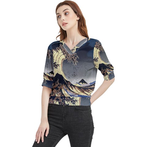 The Great Wave Off Kanagawa Japan Japanese Waves Quarter Sleeve Blouse by Cowasu