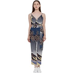 The Great Wave Off Kanagawa Japan Japanese Waves V-neck Spaghetti Strap Tie Front Jumpsuit by Cowasu