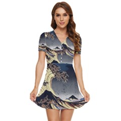 The Great Wave Off Kanagawa Japan Japanese Waves V-neck High Waist Chiffon Mini Dress by Cowasu