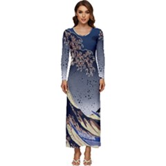 The Great Wave Off Kanagawa Japan Japanese Waves Long Sleeve Longline Maxi Dress by Cowasu