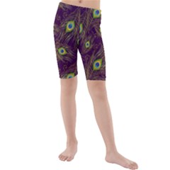 Peacock Feathers Pattern Kids  Mid Length Swim Shorts by Cowasu