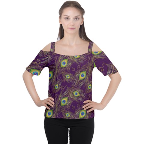 Peacock Feathers Pattern Cutout Shoulder Tee by Cowasu