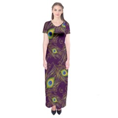 Peacock Feathers Pattern Short Sleeve Maxi Dress by Cowasu