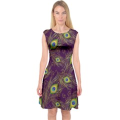 Peacock Feathers Pattern Capsleeve Midi Dress by Cowasu