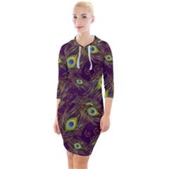 Peacock Feathers Pattern Quarter Sleeve Hood Bodycon Dress by Cowasu