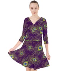 Peacock Feathers Pattern Quarter Sleeve Front Wrap Dress