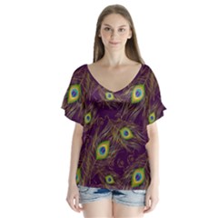 Peacock Feathers Pattern V-neck Flutter Sleeve Top by Cowasu