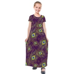 Peacock Feathers Pattern Kids  Short Sleeve Maxi Dress by Cowasu