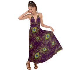 Peacock Feathers Pattern Backless Maxi Beach Dress by Cowasu