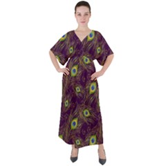 Peacock Feathers Pattern V-neck Boho Style Maxi Dress by Cowasu