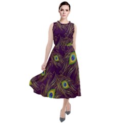 Peacock Feathers Pattern Round Neck Boho Dress by Cowasu