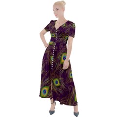 Peacock Feathers Pattern Button Up Short Sleeve Maxi Dress by Cowasu