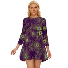 Peacock Feathers Pattern Long Sleeve Babydoll Dress by Cowasu