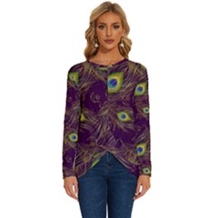 Peacock Feathers Pattern Long Sleeve Crew Neck Pullover Top by Cowasu